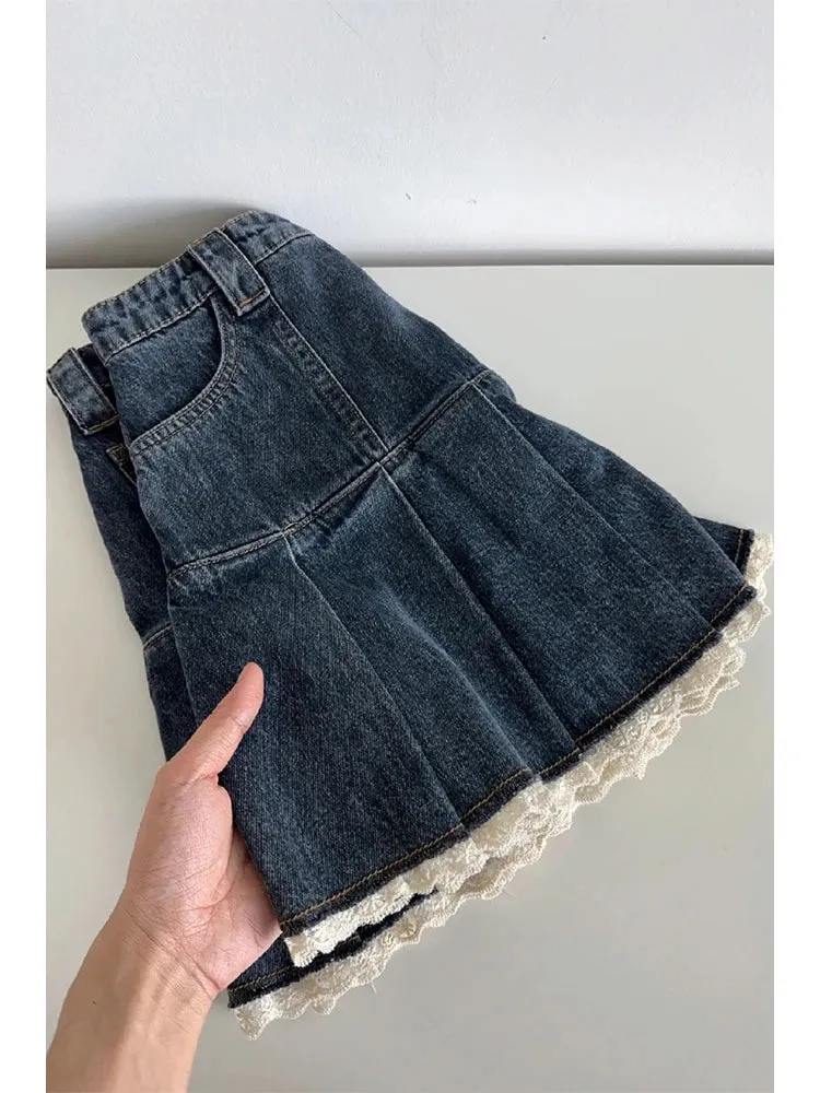 Girlary Women's Blue Denim A-Line Pleated Mini Skirt Fashion Korean Skirt Vintage Harajuku Y2k Girl Kawaii Jean Skirt Streetwear Summer