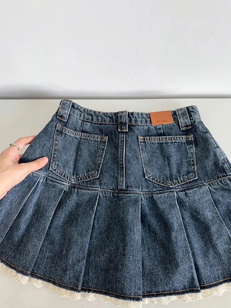 Girlary Women's Blue Denim A-Line Pleated Mini Skirt Fashion Korean Skirt Vintage Harajuku Y2k Girl Kawaii Jean Skirt Streetwear Summer