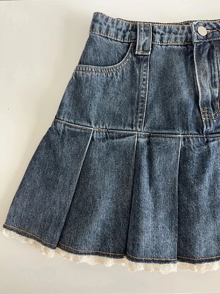 Girlary Women's Blue Denim A-Line Pleated Mini Skirt Fashion Korean Skirt Vintage Harajuku Y2k Girl Kawaii Jean Skirt Streetwear Summer