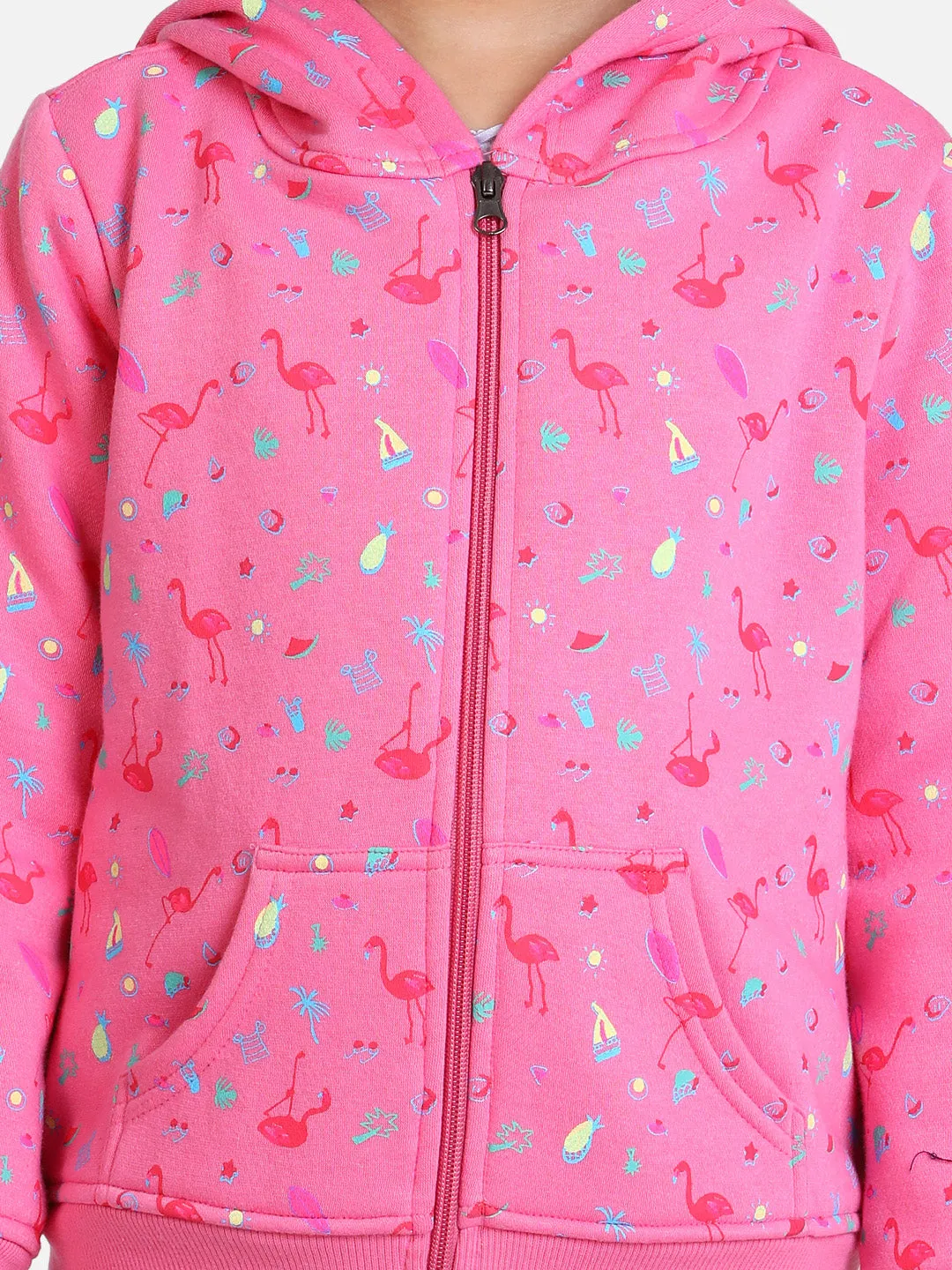 Girl's  Fuschia Pink Flamingo Printed Jacket With Hoodie - StyleStone Kid