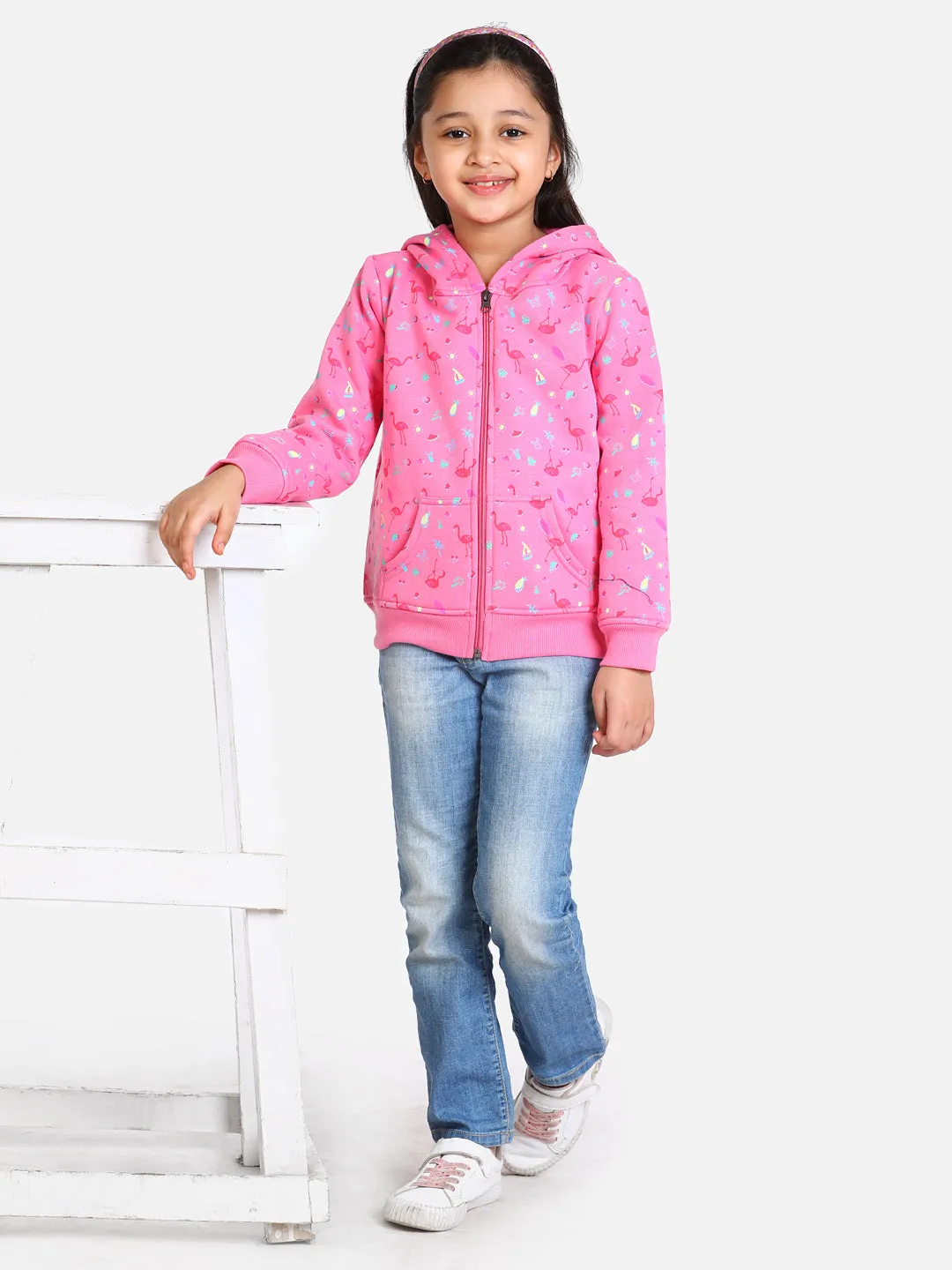 Girl's  Fuschia Pink Flamingo Printed Jacket With Hoodie - StyleStone Kid