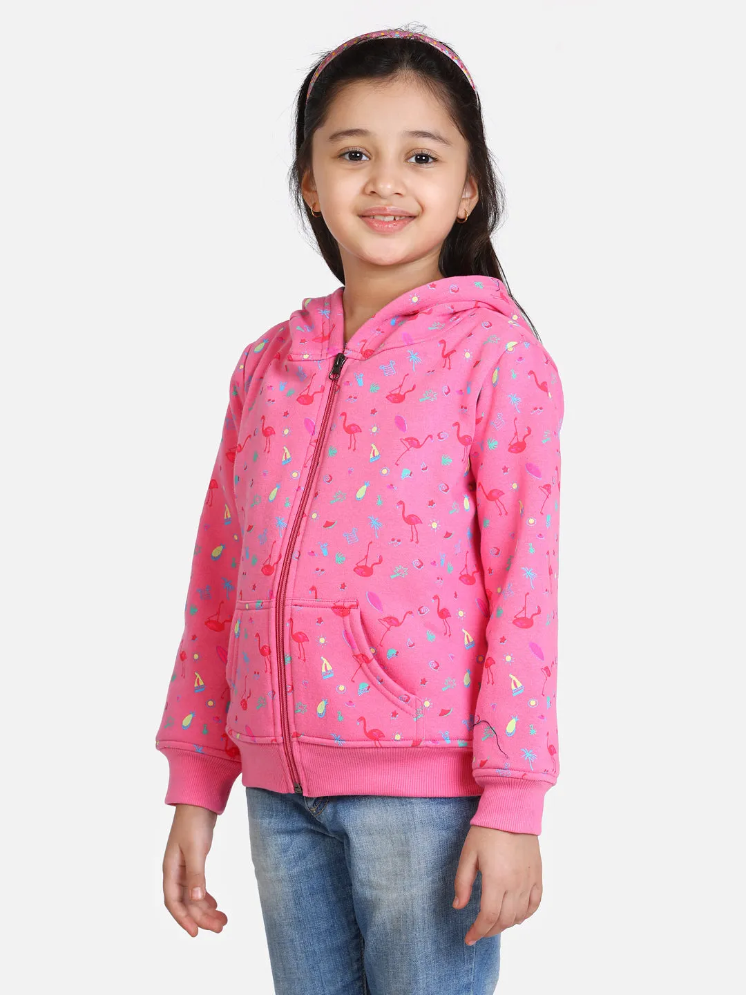 Girl's  Fuschia Pink Flamingo Printed Jacket With Hoodie - StyleStone Kid