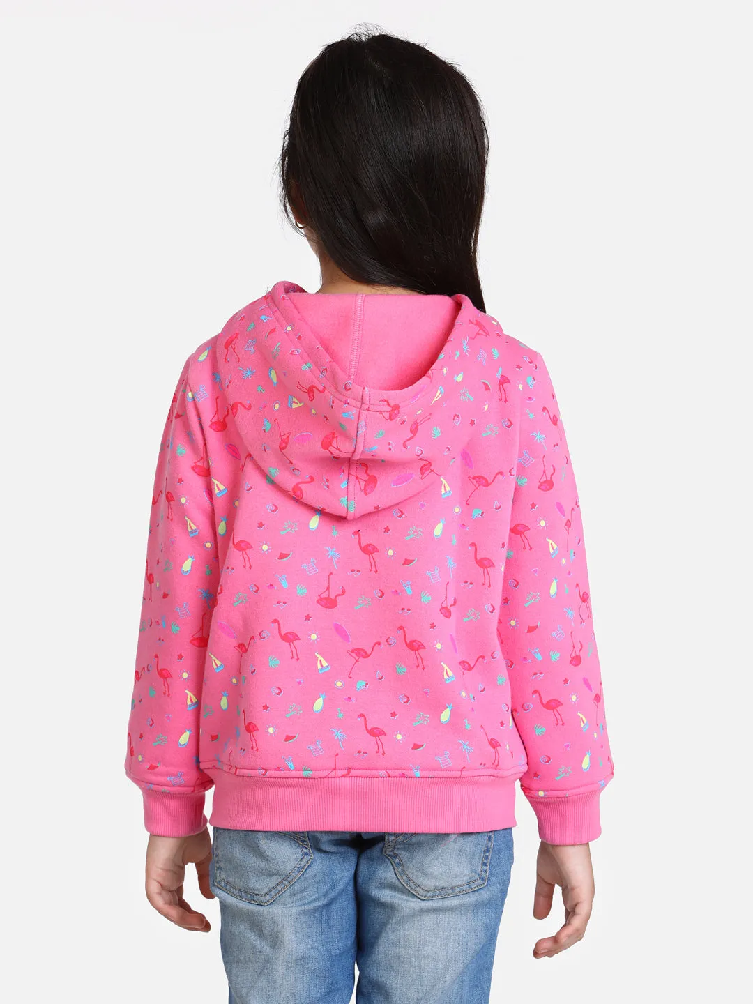 Girl's  Fuschia Pink Flamingo Printed Jacket With Hoodie - StyleStone Kid