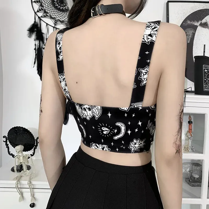 Gothic Print Sexy Backless Y2K Punk Zip Up Corset Crop Top