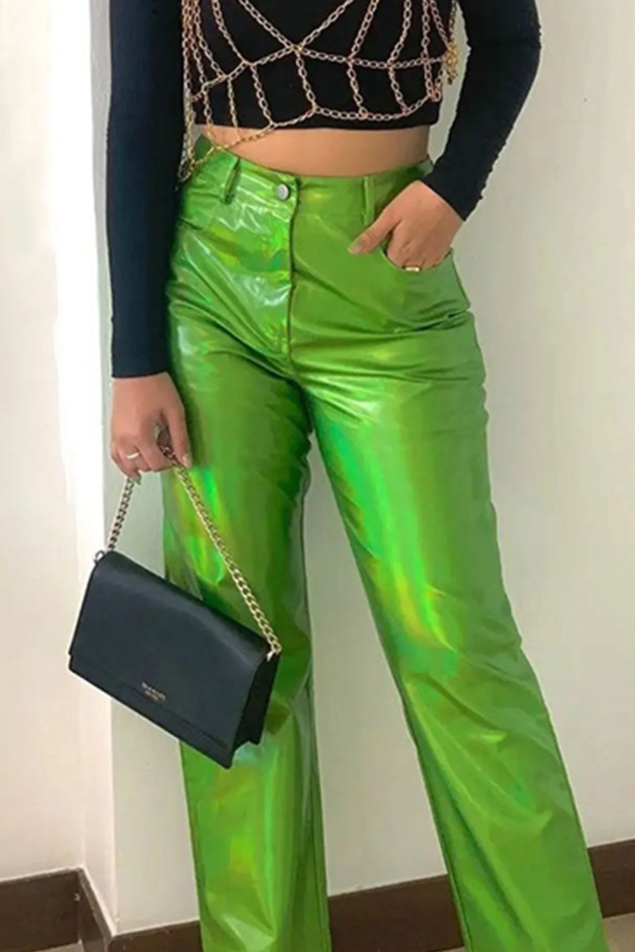 High Waist Glossy PU Leather Long Pants