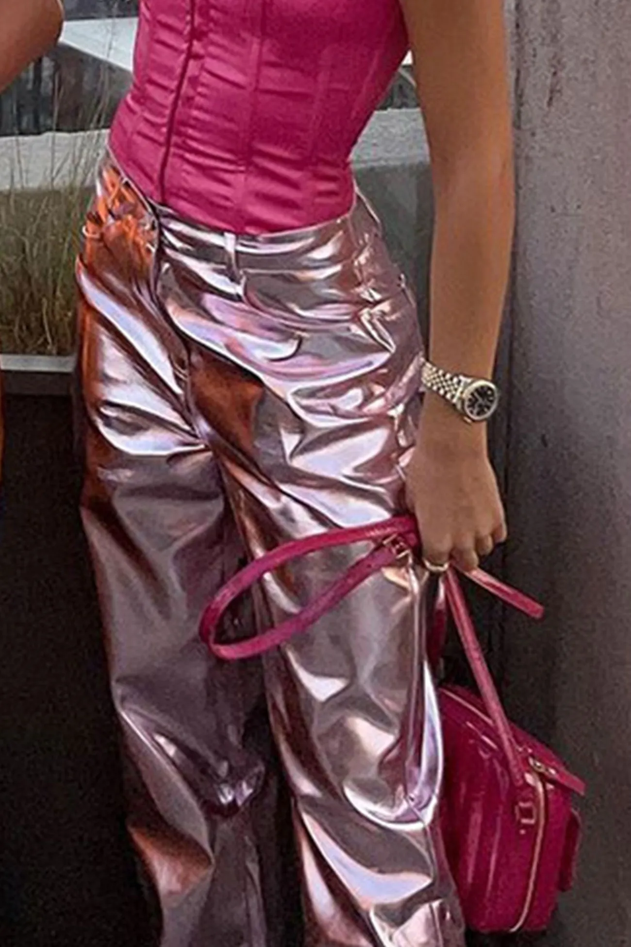 High Waist Glossy PU Leather Long Pants