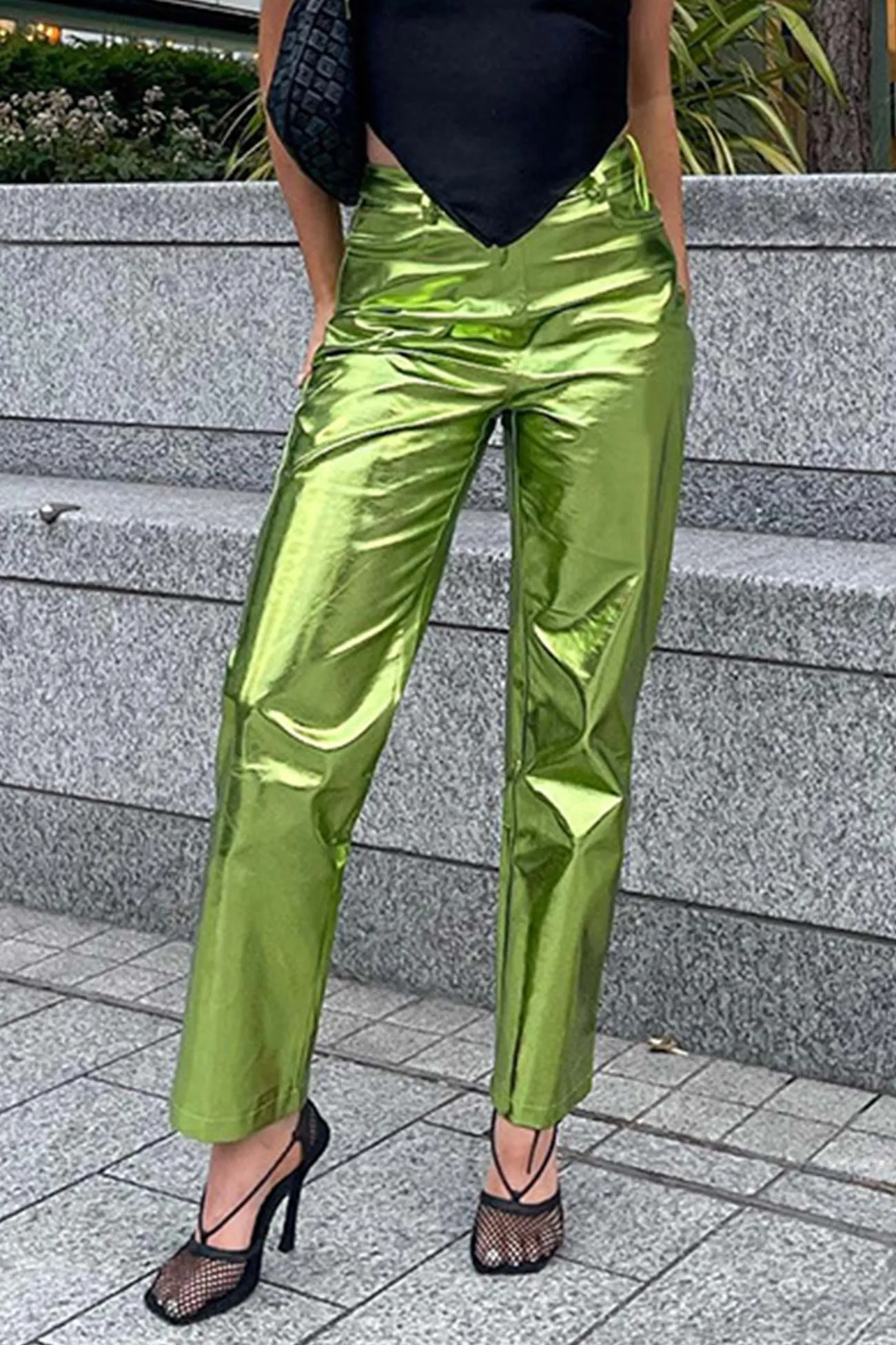 High Waist Glossy PU Leather Long Pants