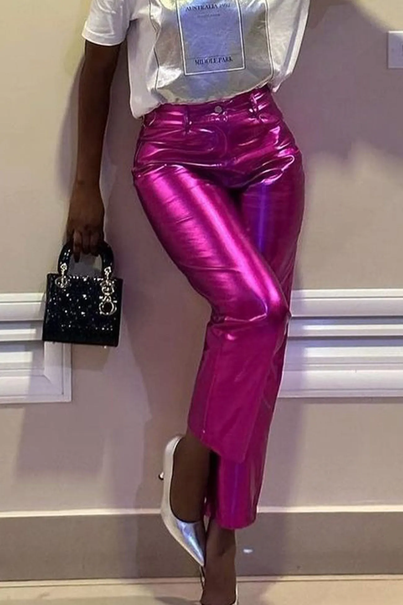 High Waist Glossy PU Leather Long Pants