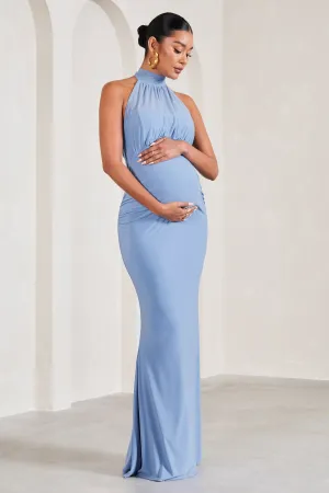 In My Heart | Cornflower Blue Mesh Halter-Neck Sleeveless Maternity Maxi Dress