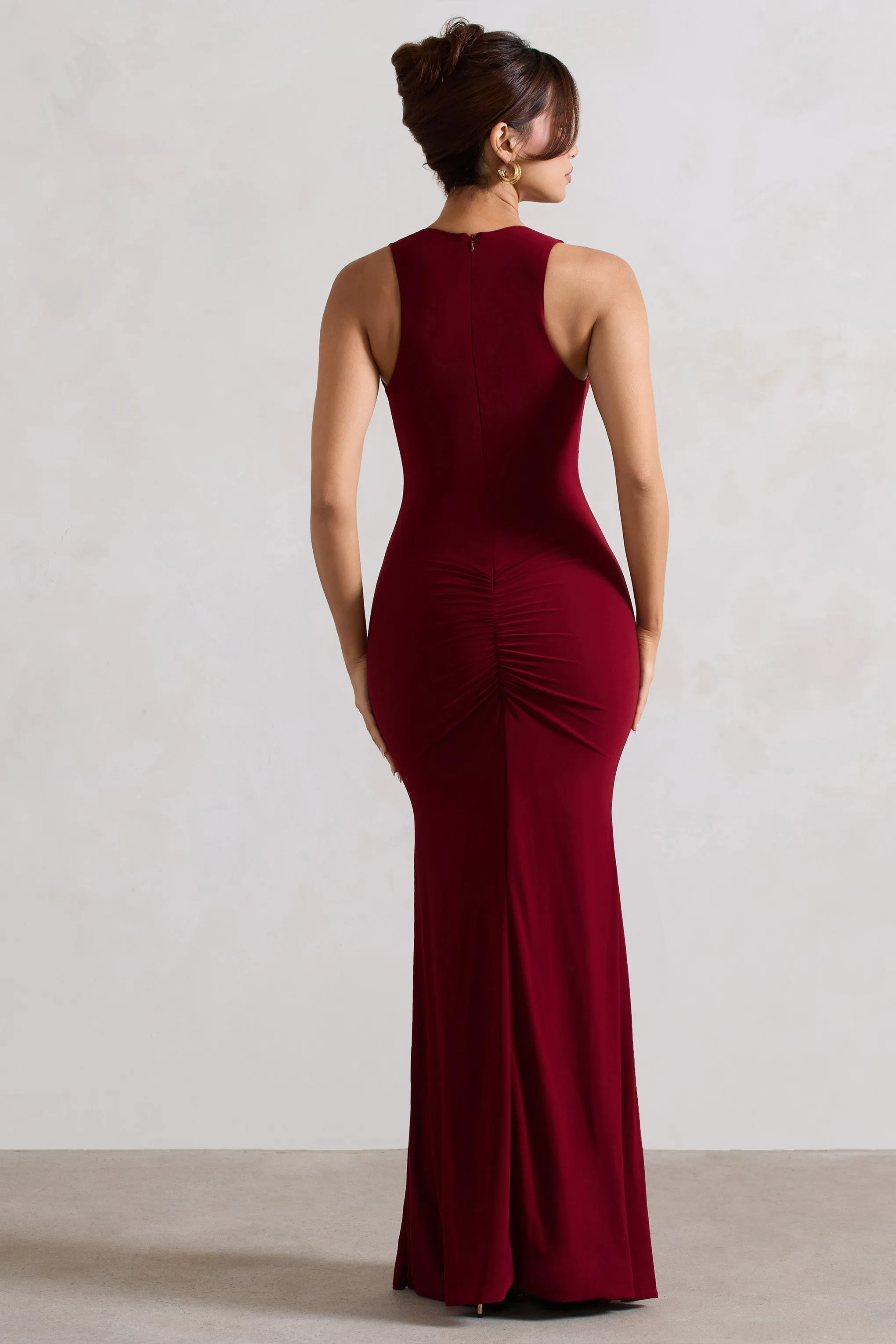 Julianna | Wine Plunge-Neck Ruched Maxi Dress With Corsage