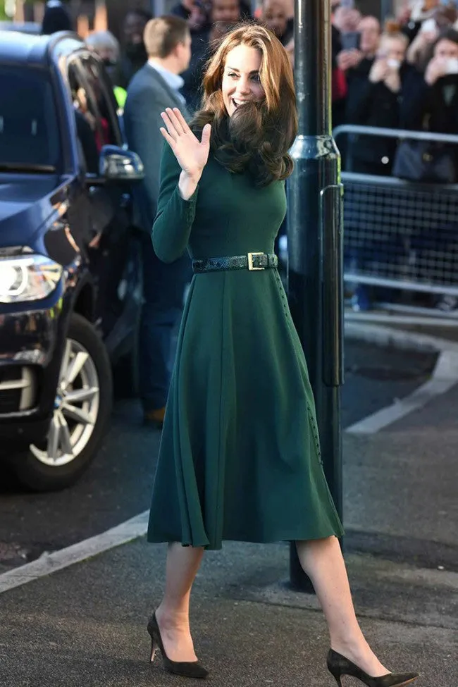 Kate Middleton Dark Green Button-up Midi Dress With Belt