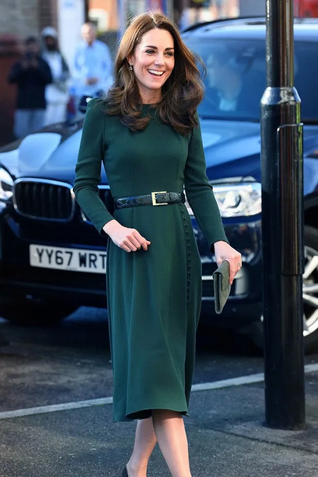 Kate Middleton Dark Green Button-up Midi Dress With Belt