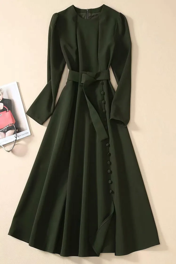 Kate Middleton Dark Green Button-up Midi Dress With Belt