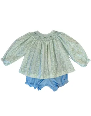 Krewe Kids Green Floral Bishop Smock Bloomer Set 5109