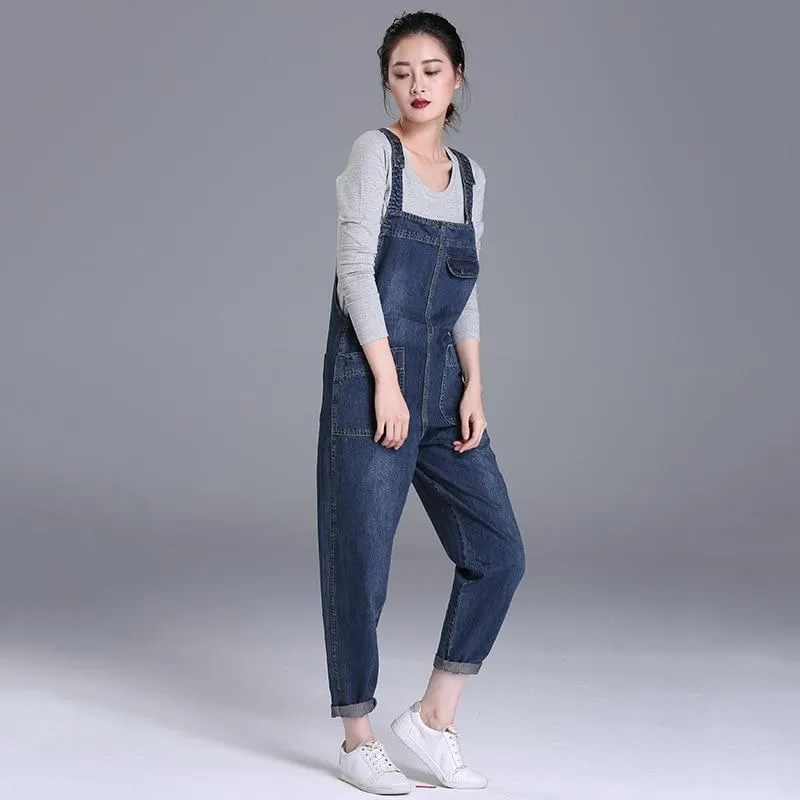 Loose Pocket Jeans Women Autumn Bib Pants Overalls Shoulder Jumpsuit