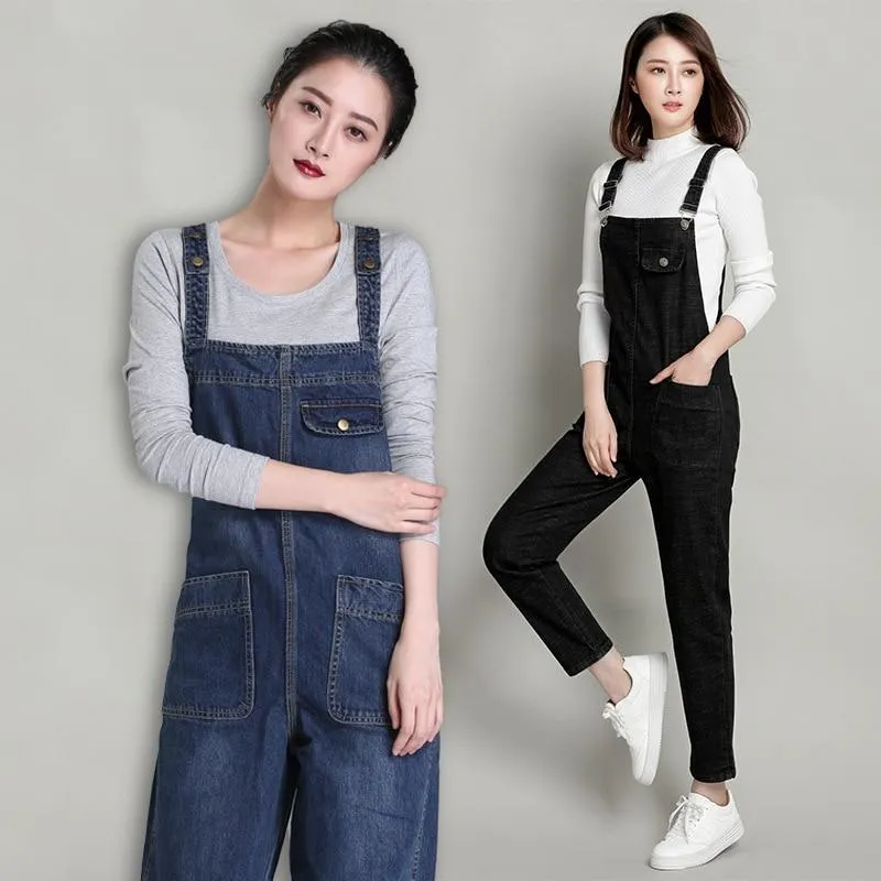 Loose Pocket Jeans Women Autumn Bib Pants Overalls Shoulder Jumpsuit