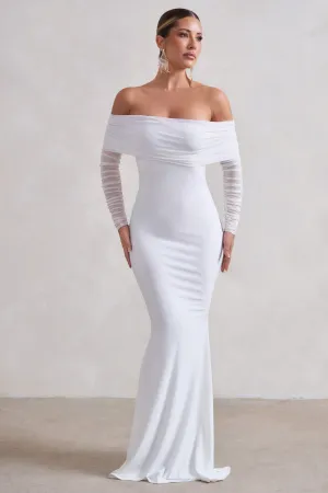 Madeleine | White Fishtail Maxi Dress With Bardot Mesh Long Sleeves