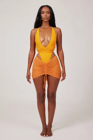 Mesh Ruched Coverup Skirt - Orange