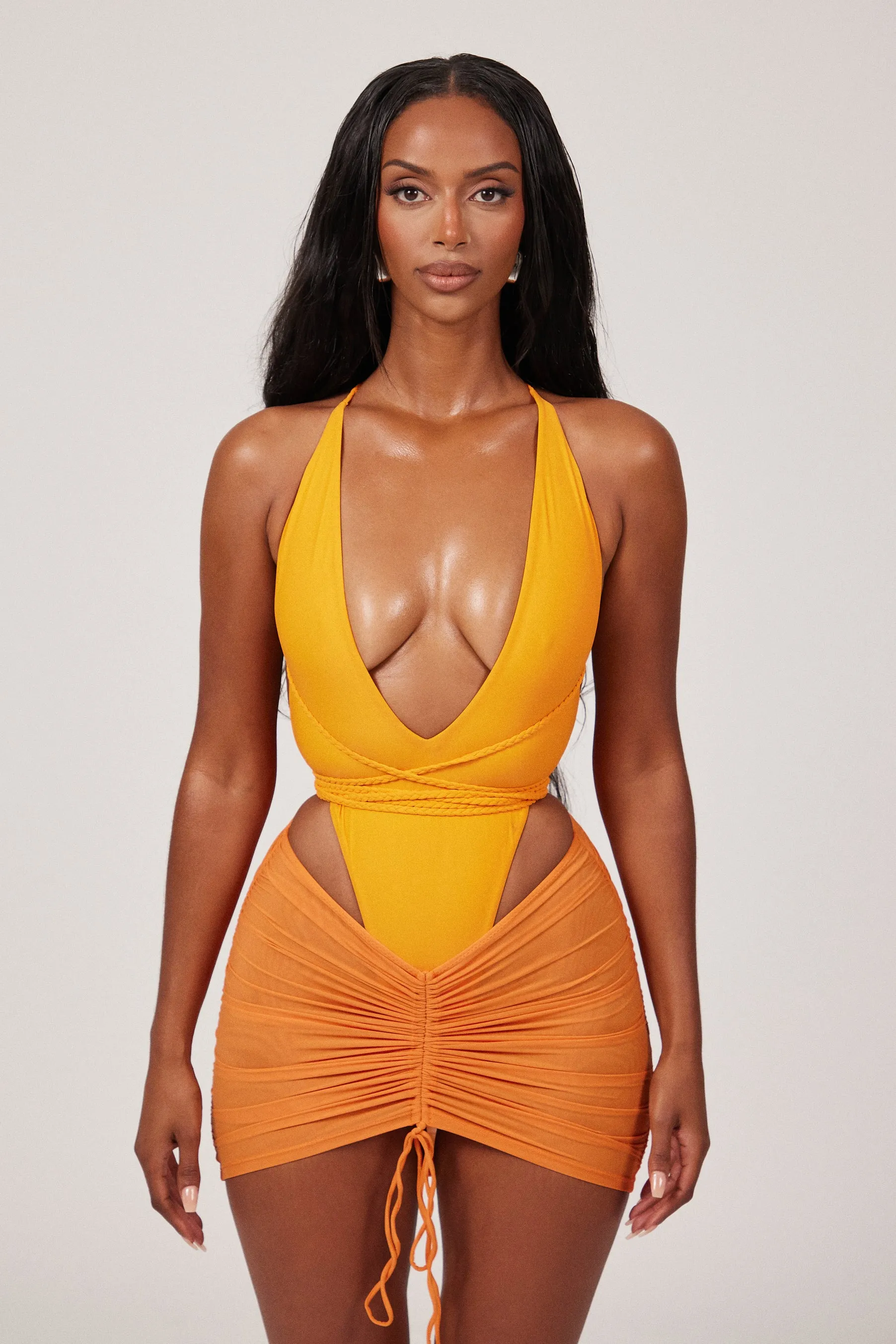 Mesh Ruched Coverup Skirt - Orange