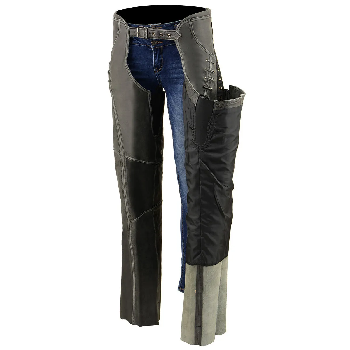 Milwaukee Leather Chaps for Women Distress Grey Premium Skin- Accent Lace Grommet Details Motorcycle Chap- MLL6536