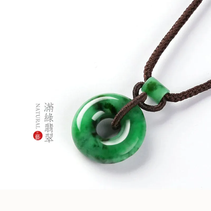 Natural Emerald Green Ice Jadeite Jade Chinese「Ping An Kou」Pendant Necklace for Women and Men