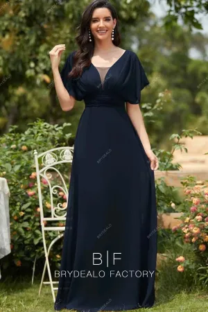 Navy Chiffon Batwing Sleeves Floor Length A-line Formal Dress