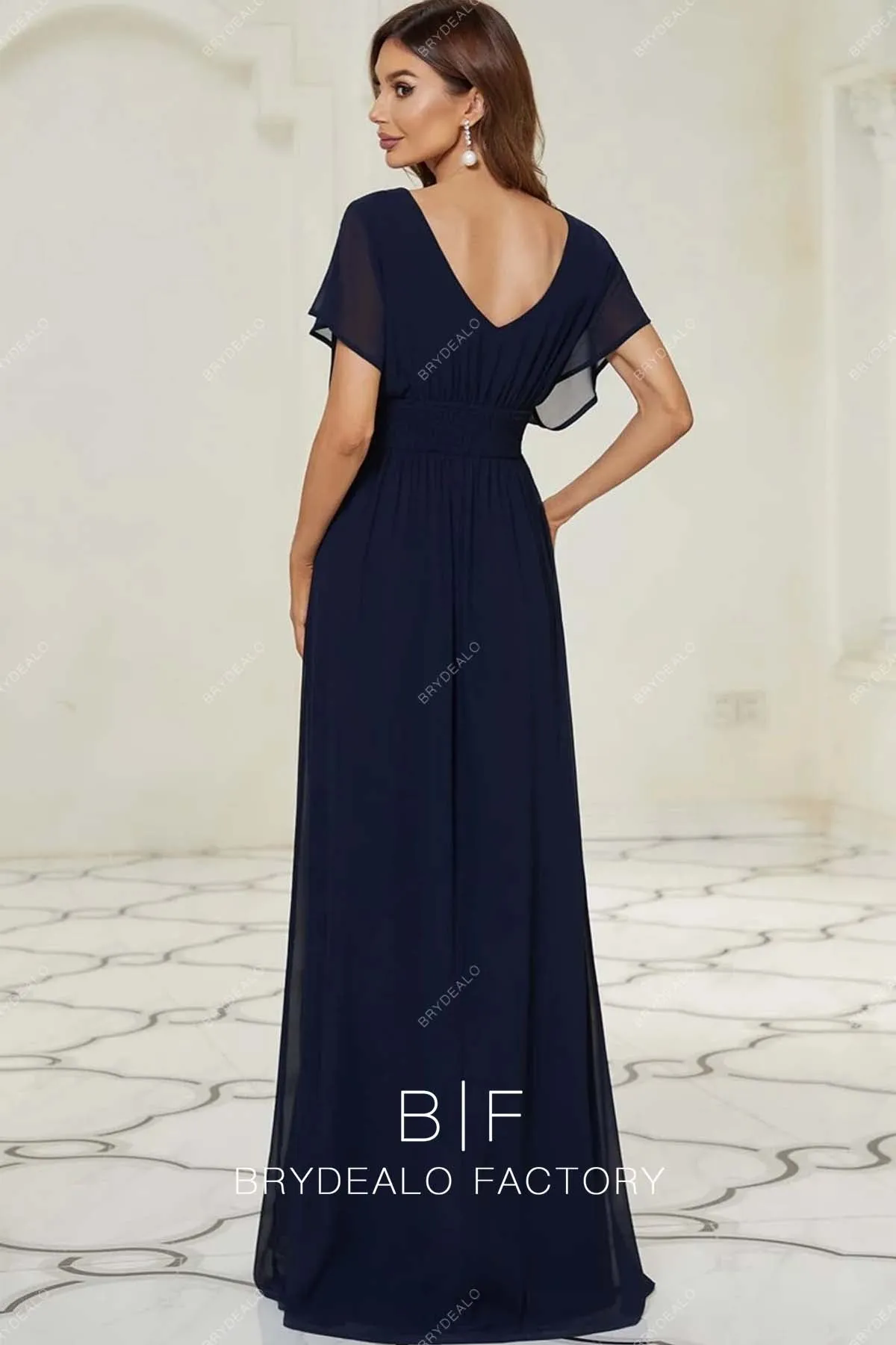 Navy Chiffon Batwing Sleeves Floor Length A-line Formal Dress