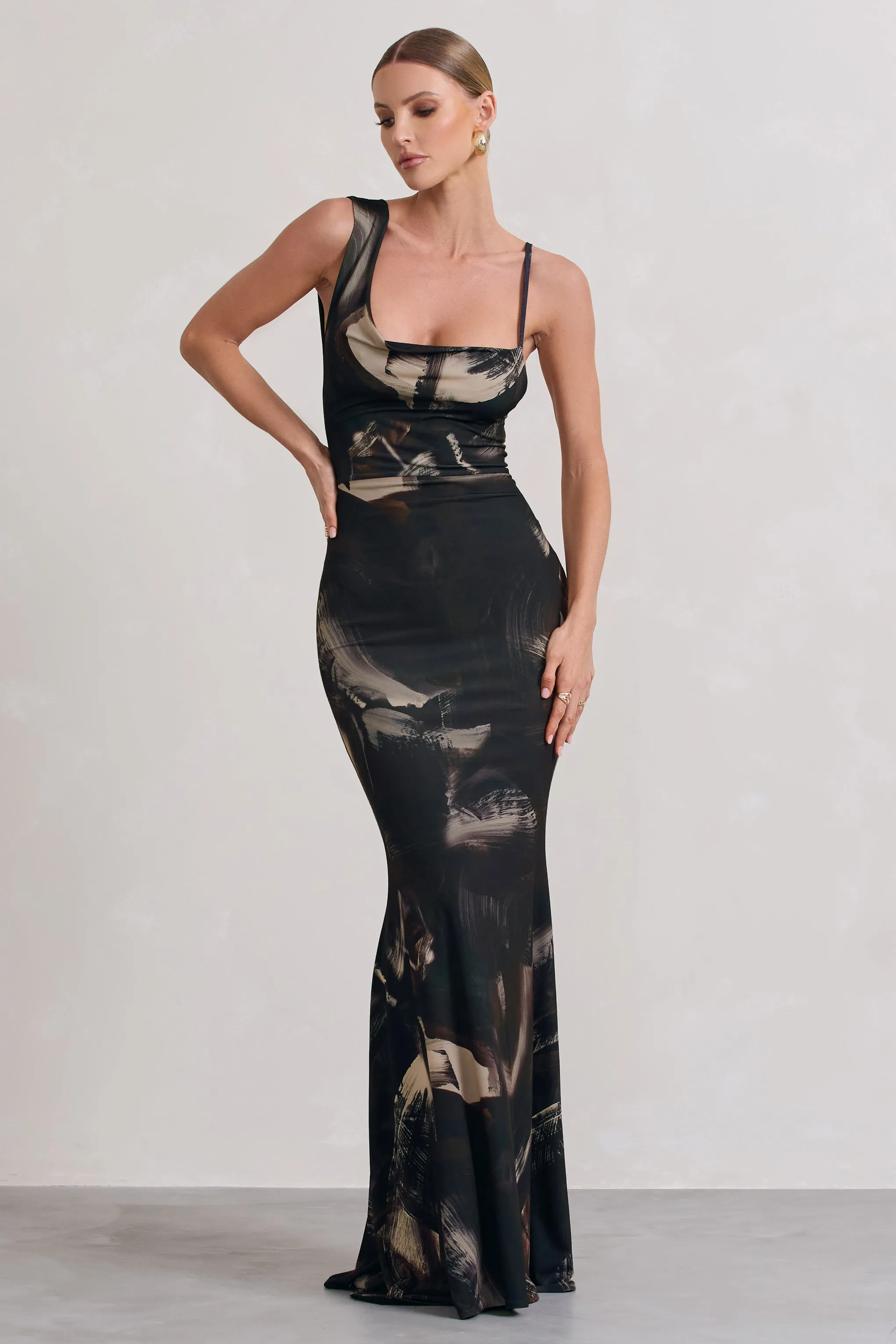 Phantasy | Dark Brown Print Asymmetric Neckline Cowl Maxi Dress