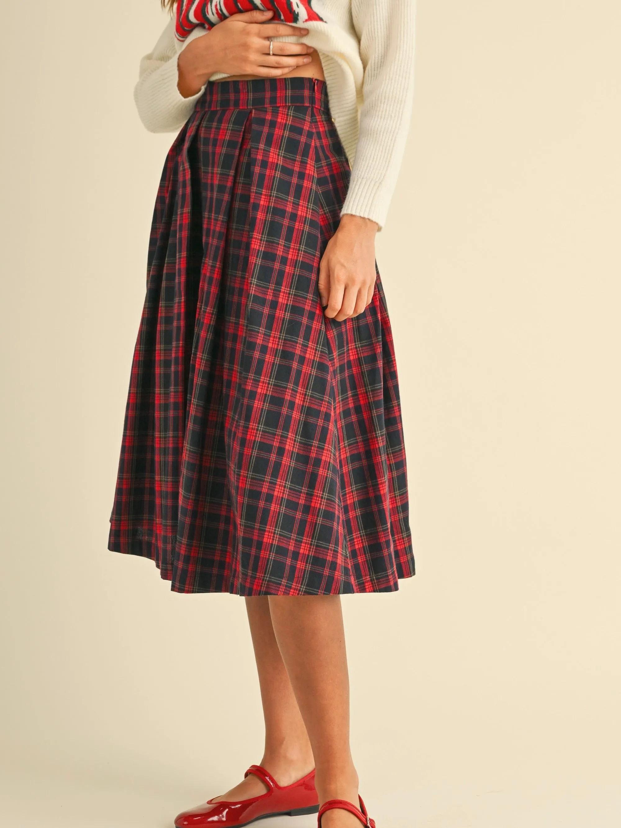 Plaid Box Pleats Midi Skirt