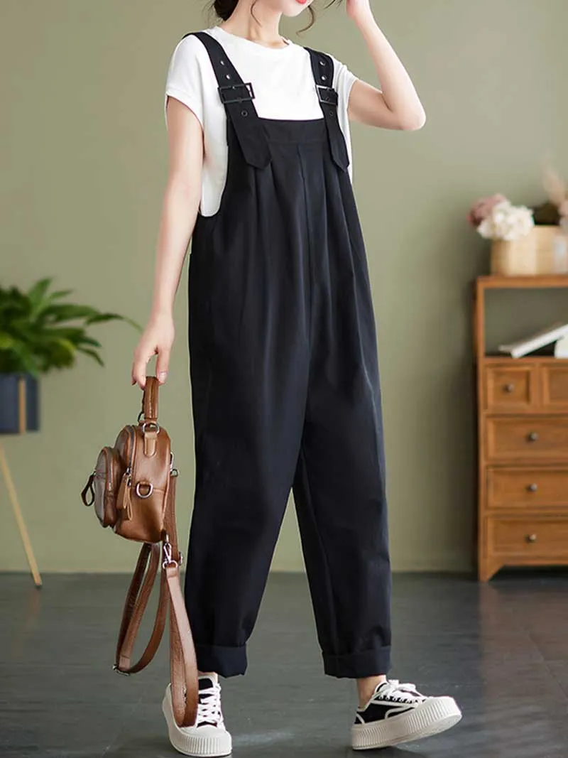 Plain Cotton Overalls High Waist Women's Dungaree