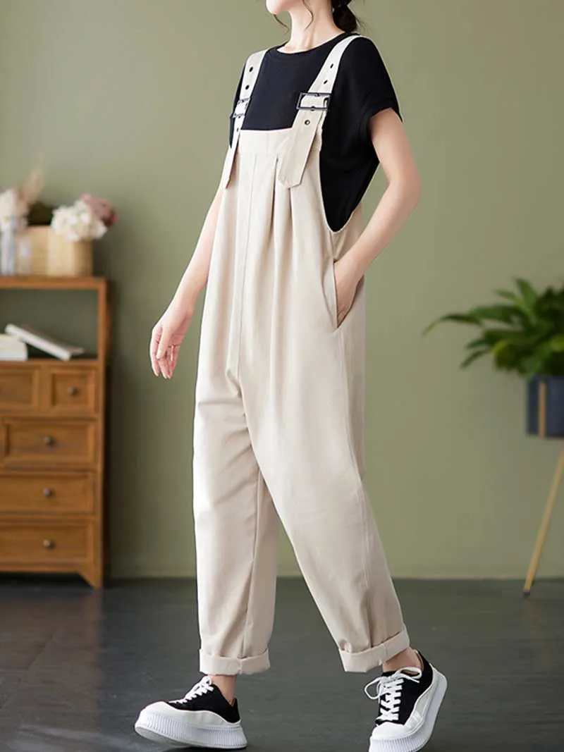 Plain Cotton Overalls High Waist Women's Dungaree