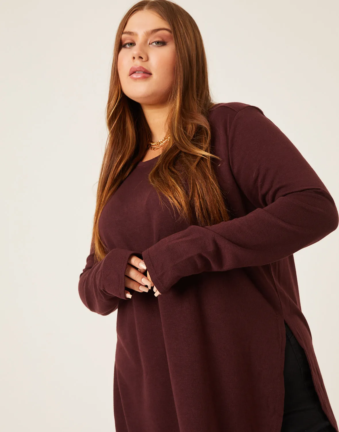 Plus Size Knit Flowy Long Sleeve Tee