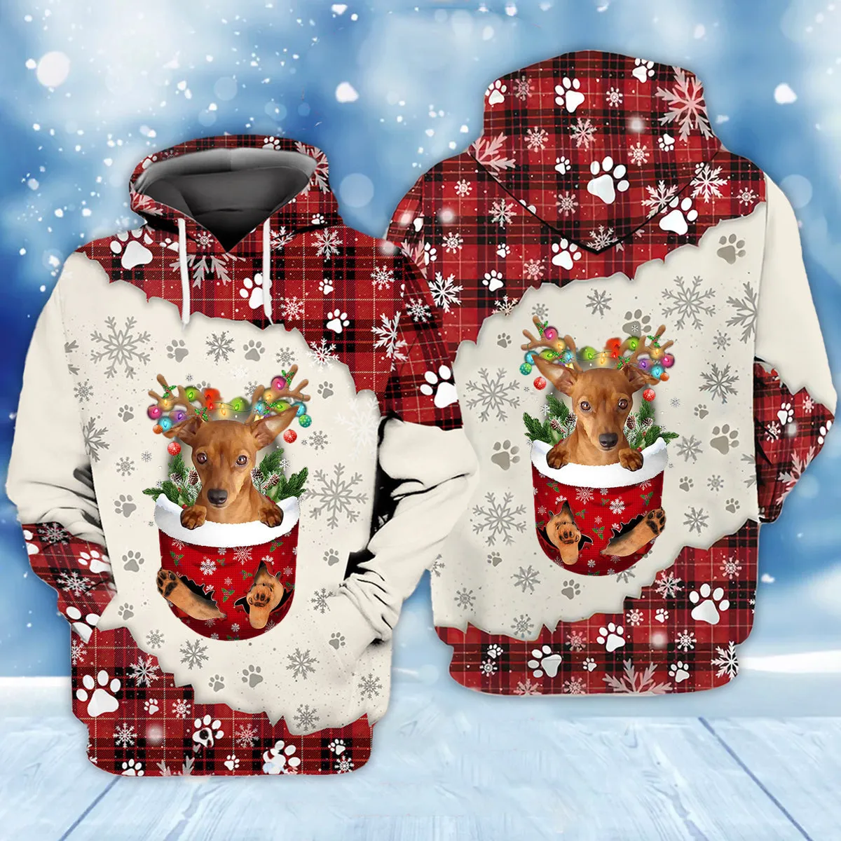 RED Miniature Pinscher In Snow Pocket Merry Christmas Unisex Hoodie