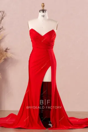 Red Pleated Jersey Strapless Slit Mermaid Long Train Dress