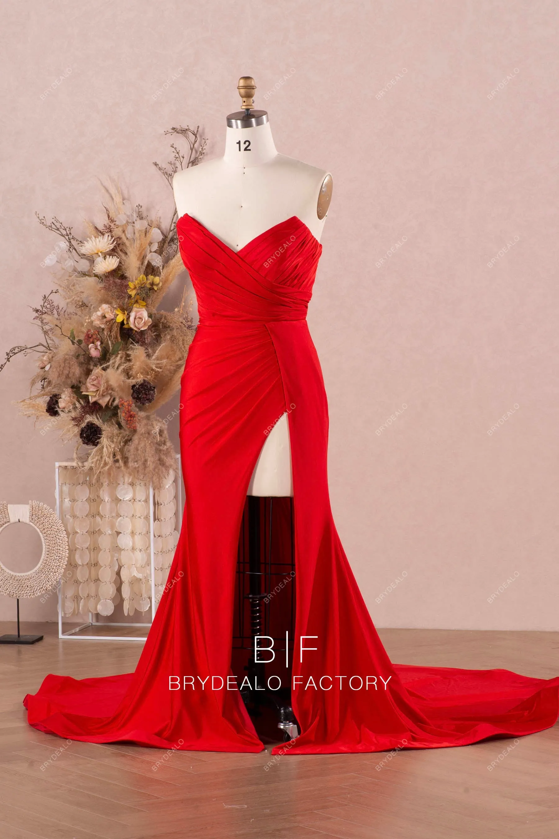 Red Pleated Jersey Strapless Slit Mermaid Long Train Dress