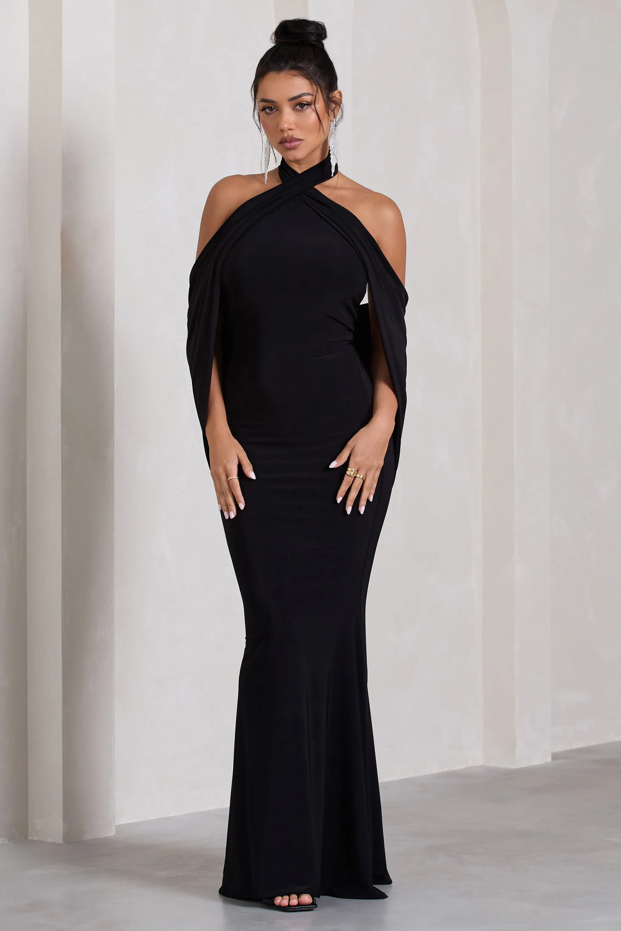 Revelation | Black Crossed Halter-Neck Fishtail Maxi Dress With Cape