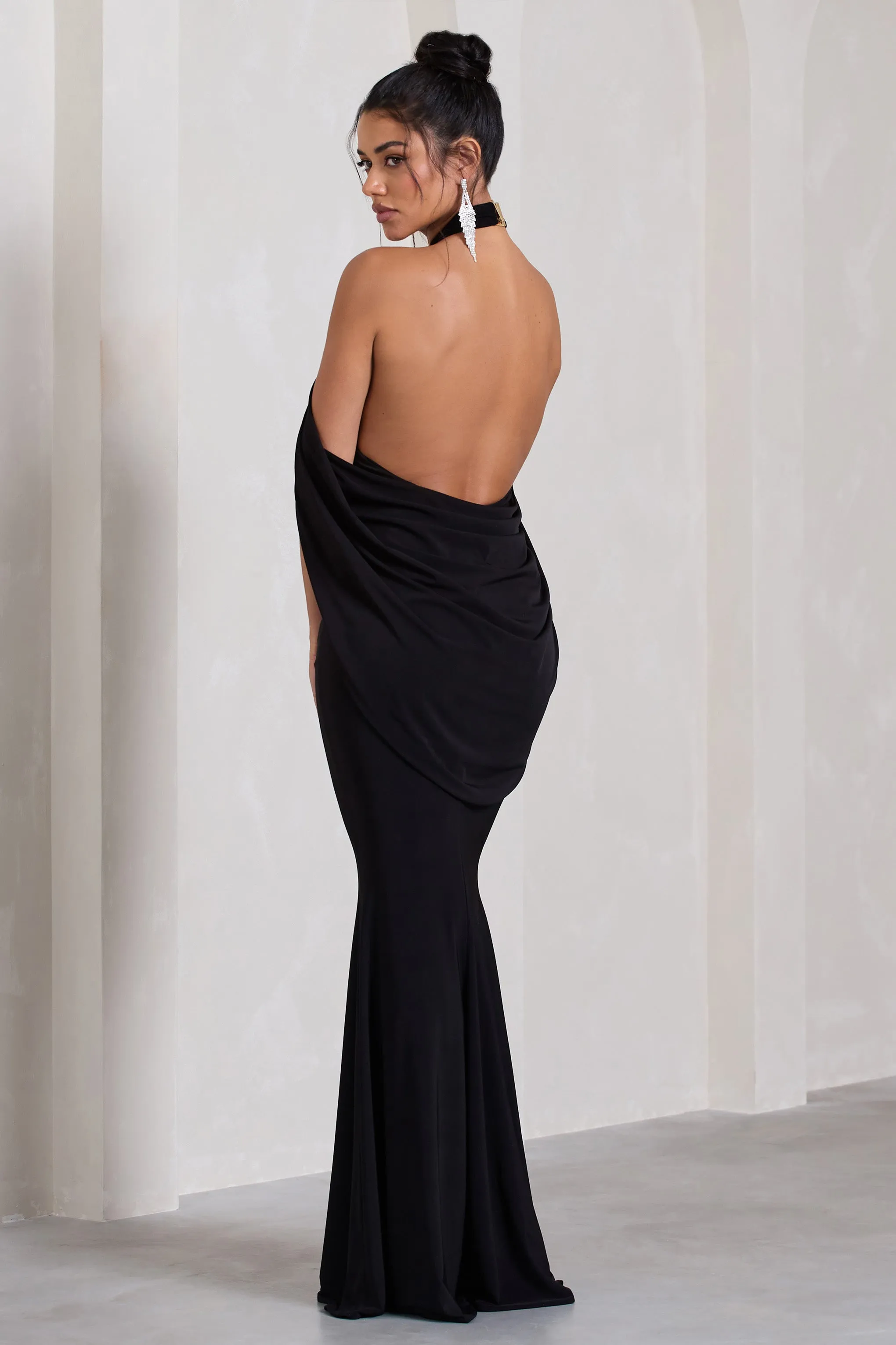 Revelation | Black Crossed Halter-Neck Fishtail Maxi Dress With Cape