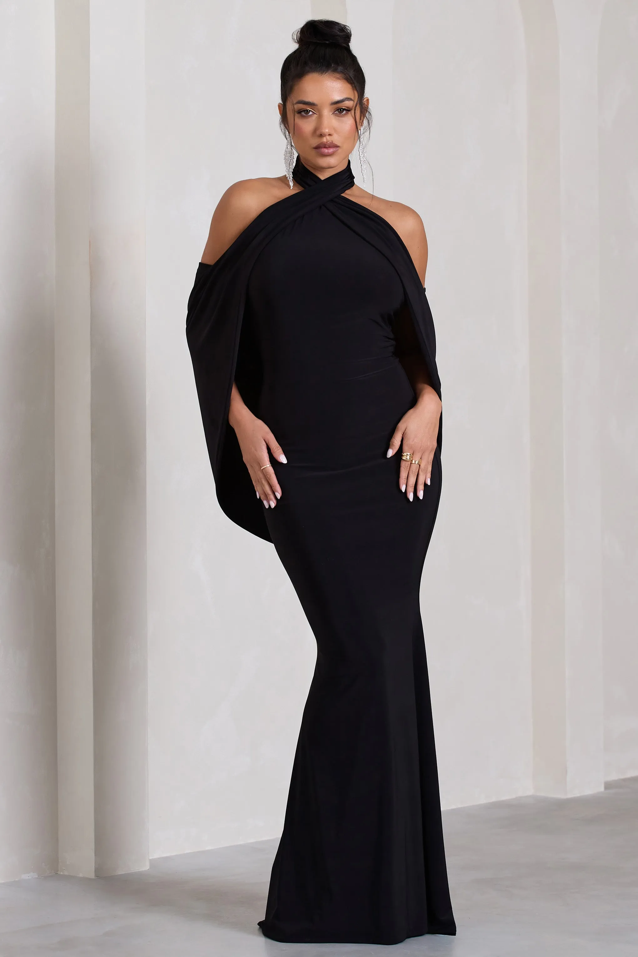 Revelation | Black Crossed Halter-Neck Fishtail Maxi Dress With Cape