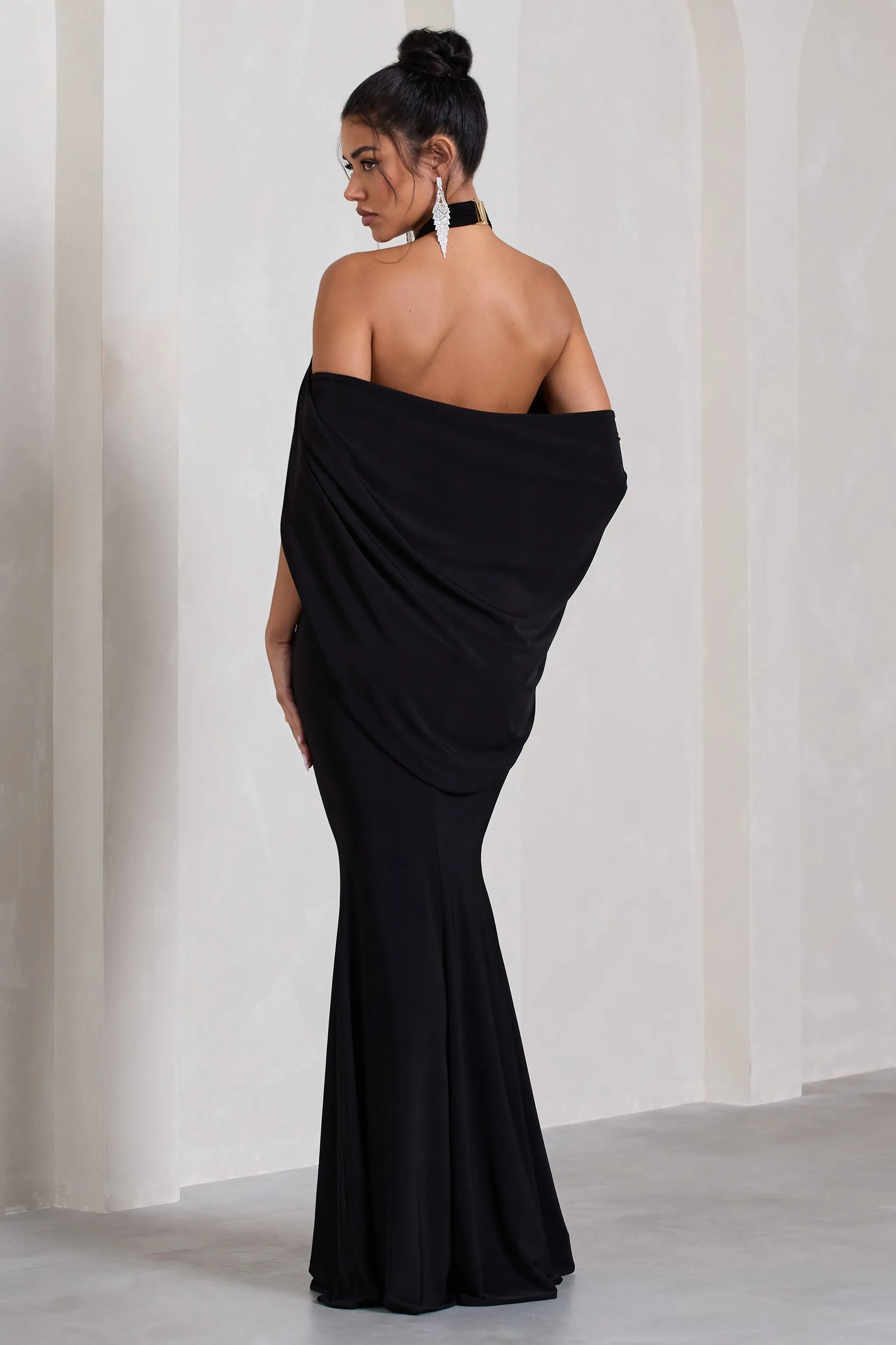 Revelation | Black Crossed Halter-Neck Fishtail Maxi Dress With Cape