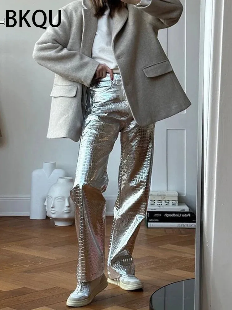 Silver Crocodile PU Leather Pants