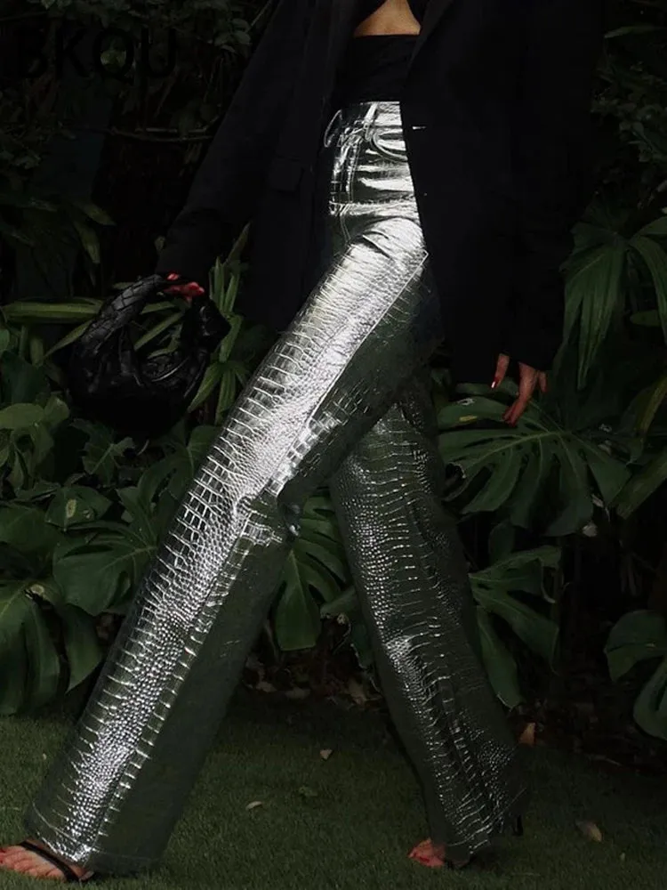 Silver Crocodile PU Leather Pants