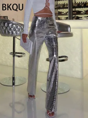 Silver Crocodile PU Leather Pants