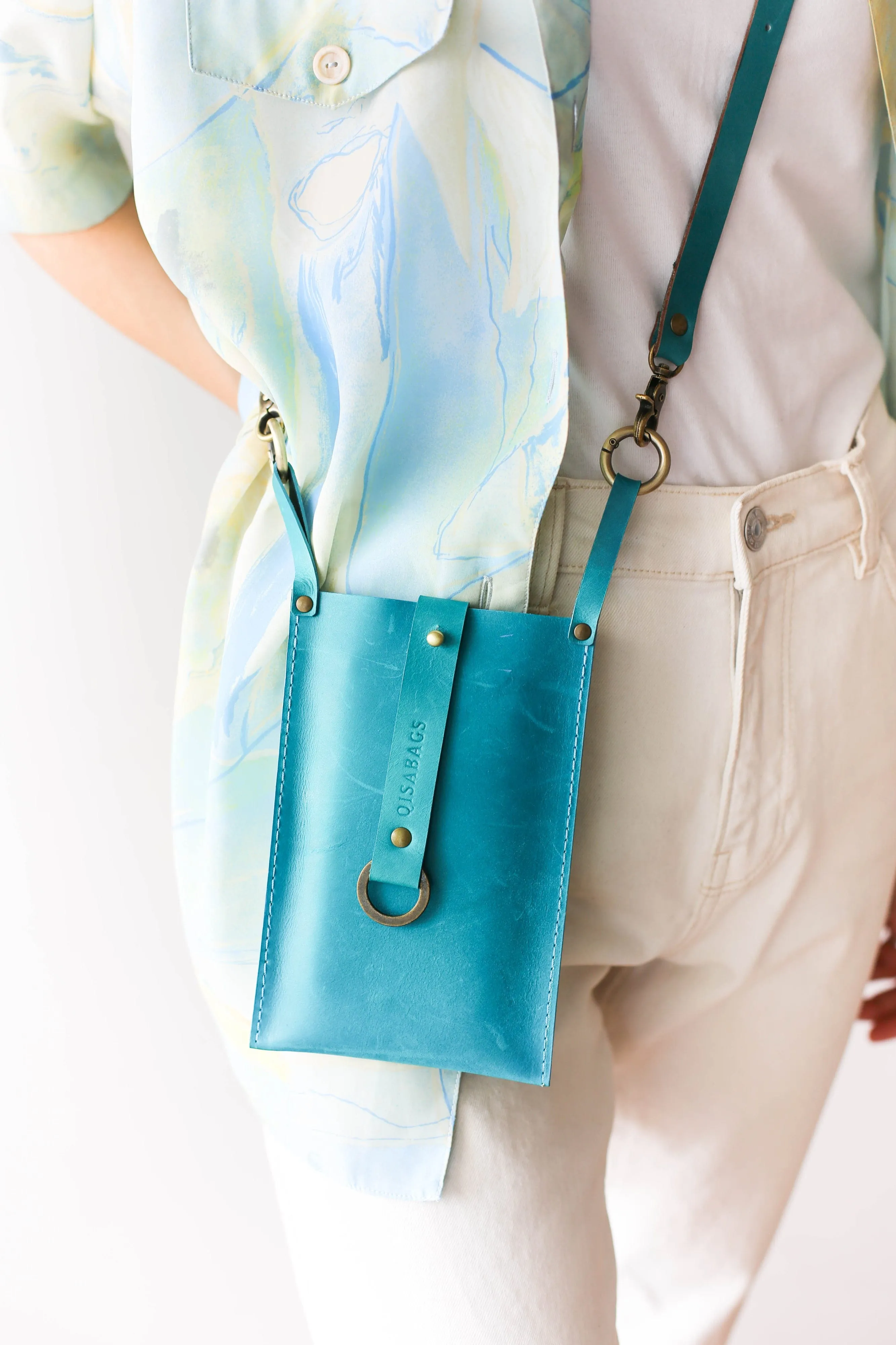 Sky Blue Leather Phone Bag