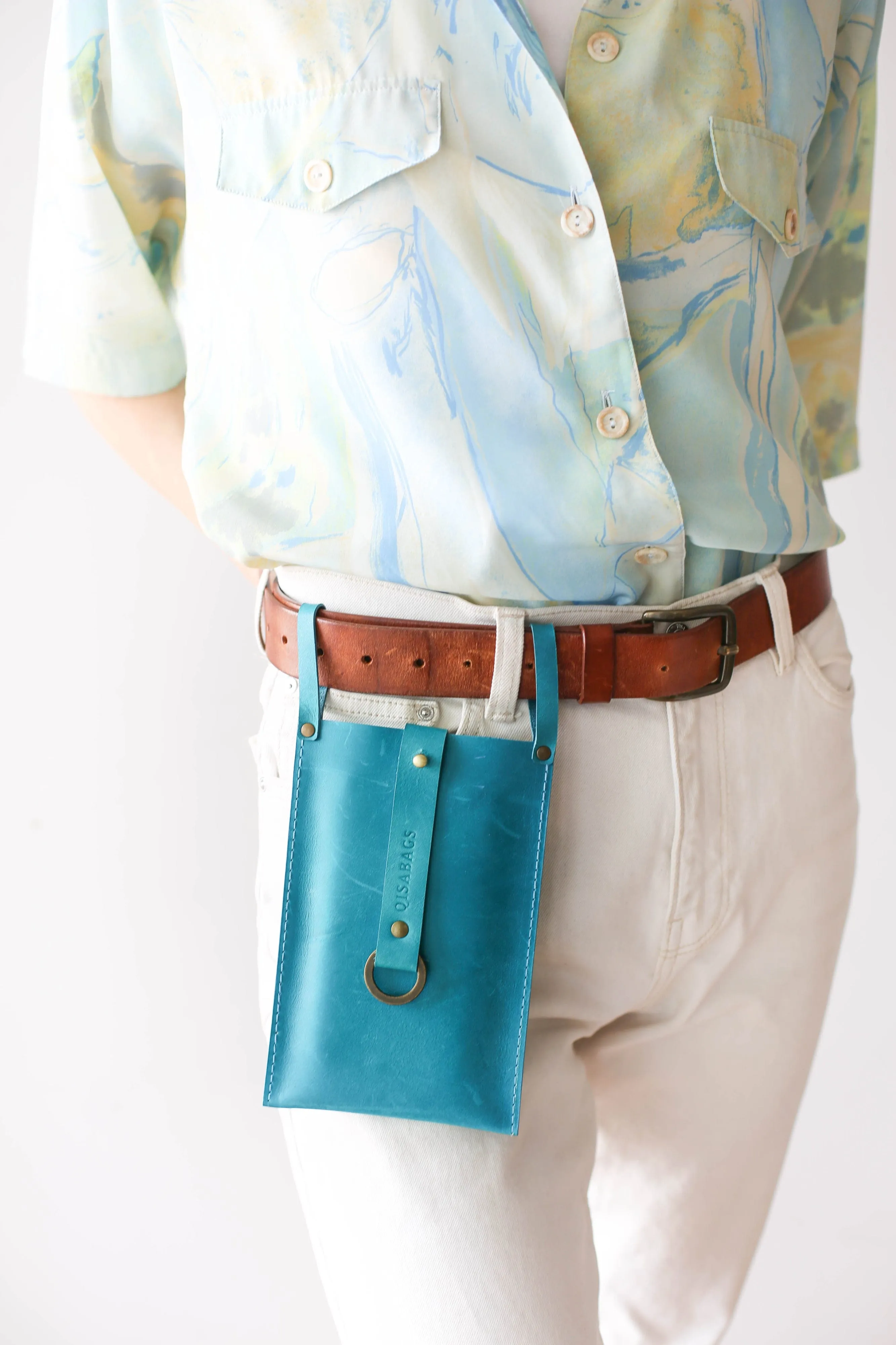 Sky Blue Leather Phone Bag