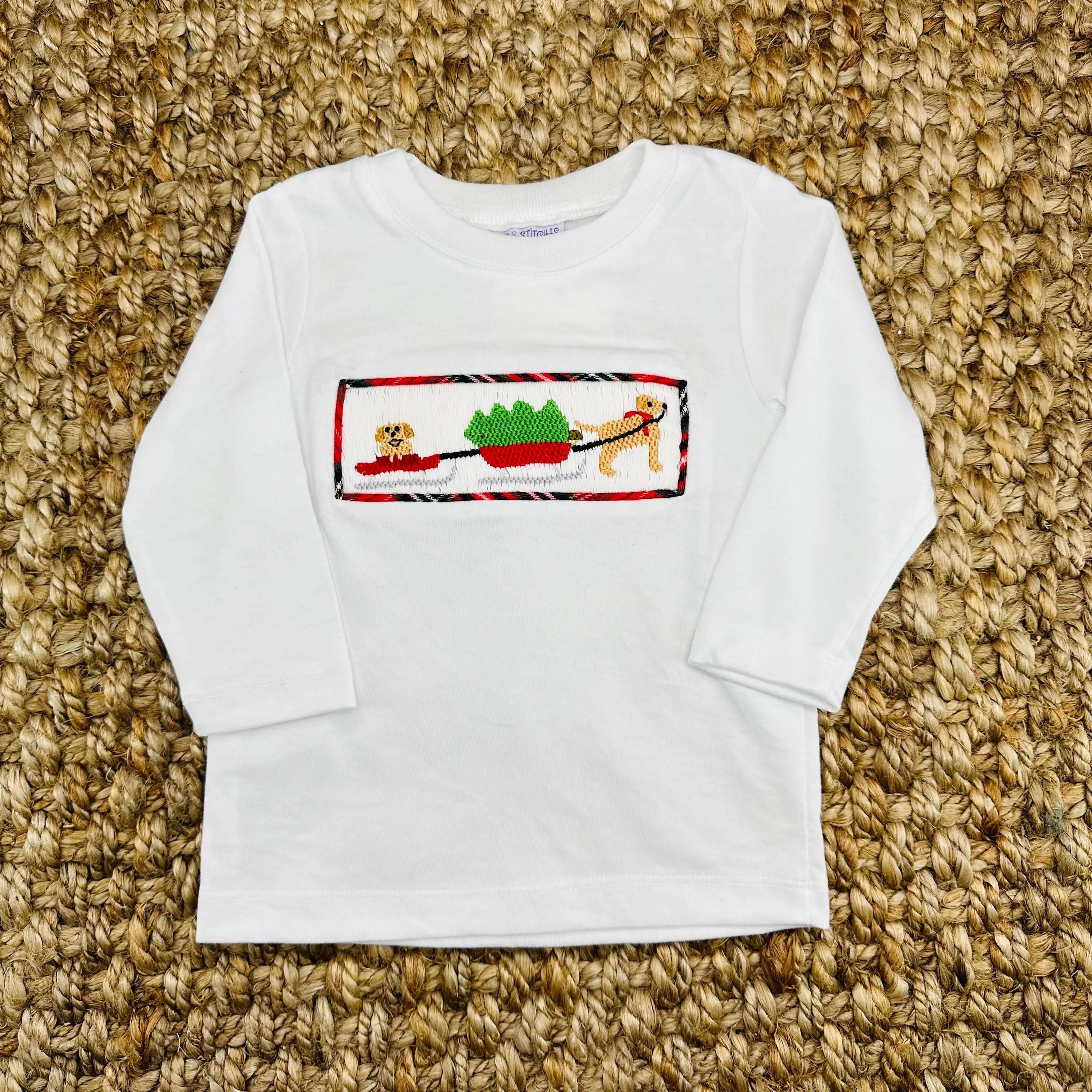 Smocked Christmas Puppy Shirt in White Knit (Pants Sold Separately)