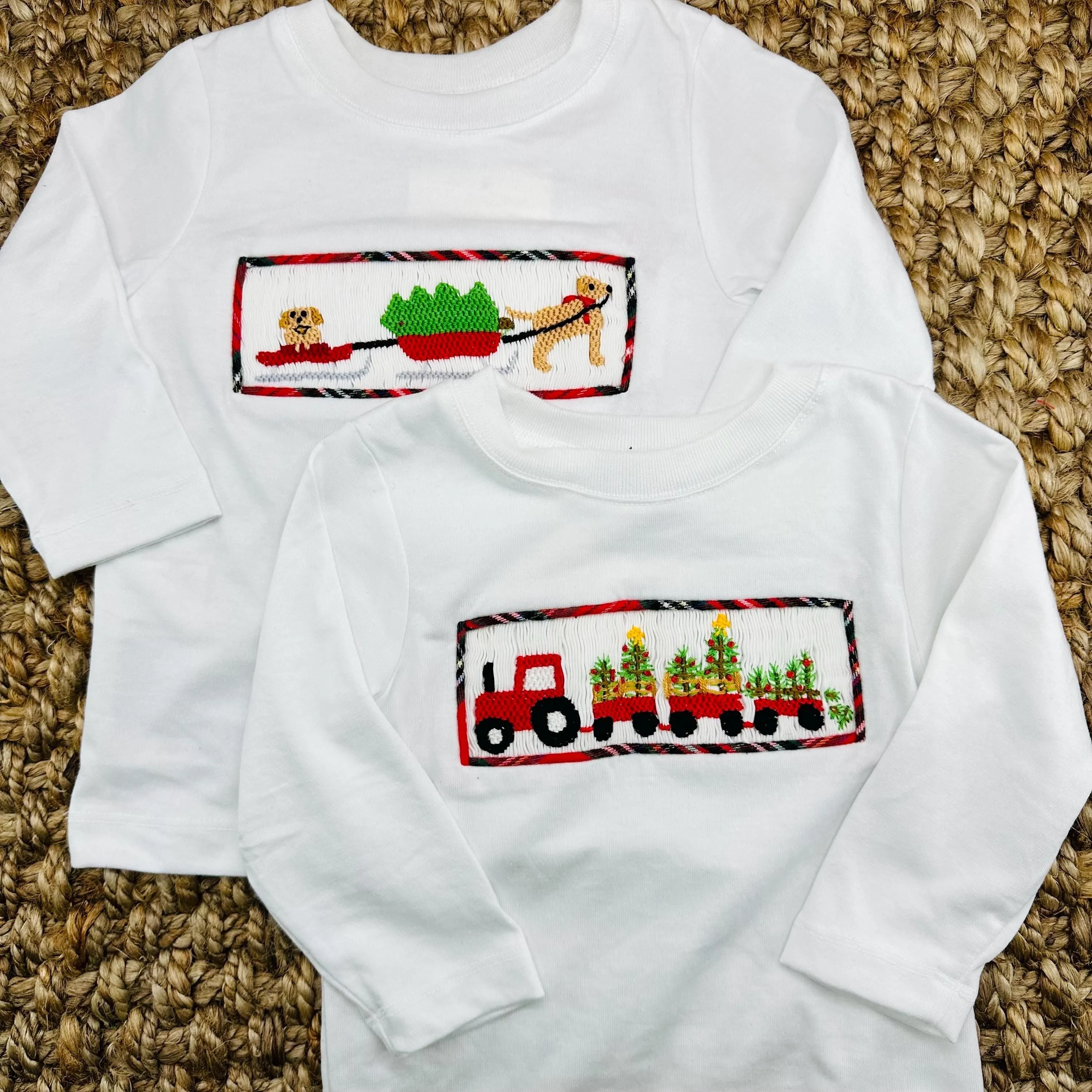 Smocked Christmas Puppy Shirt in White Knit (Pants Sold Separately)