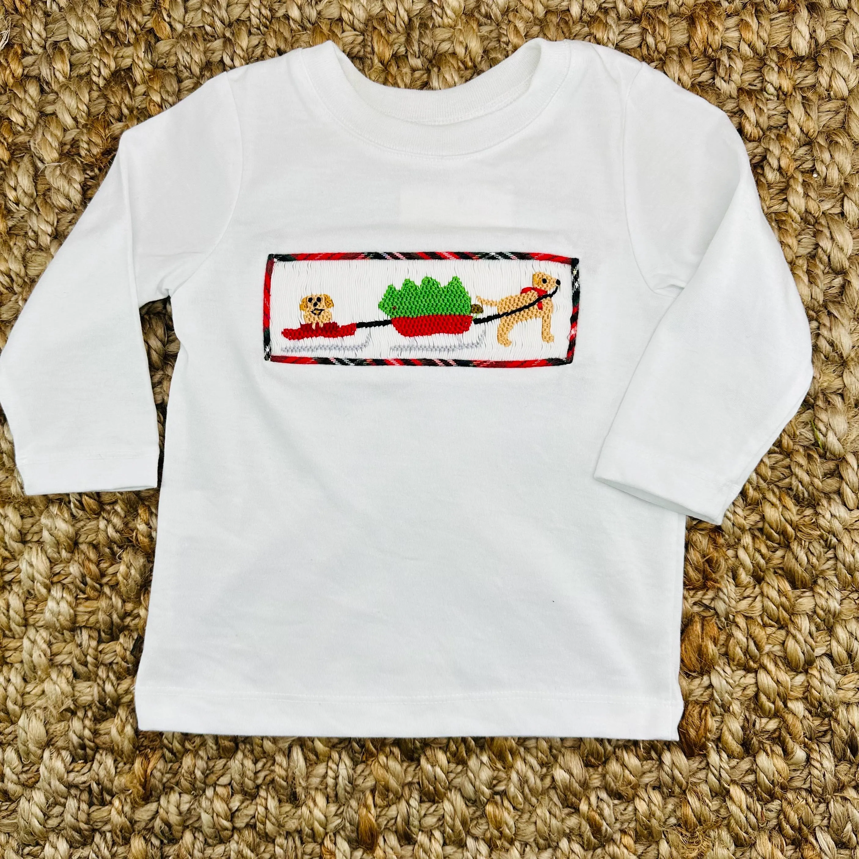 Smocked Christmas Puppy Shirt in White Knit (Pants Sold Separately)