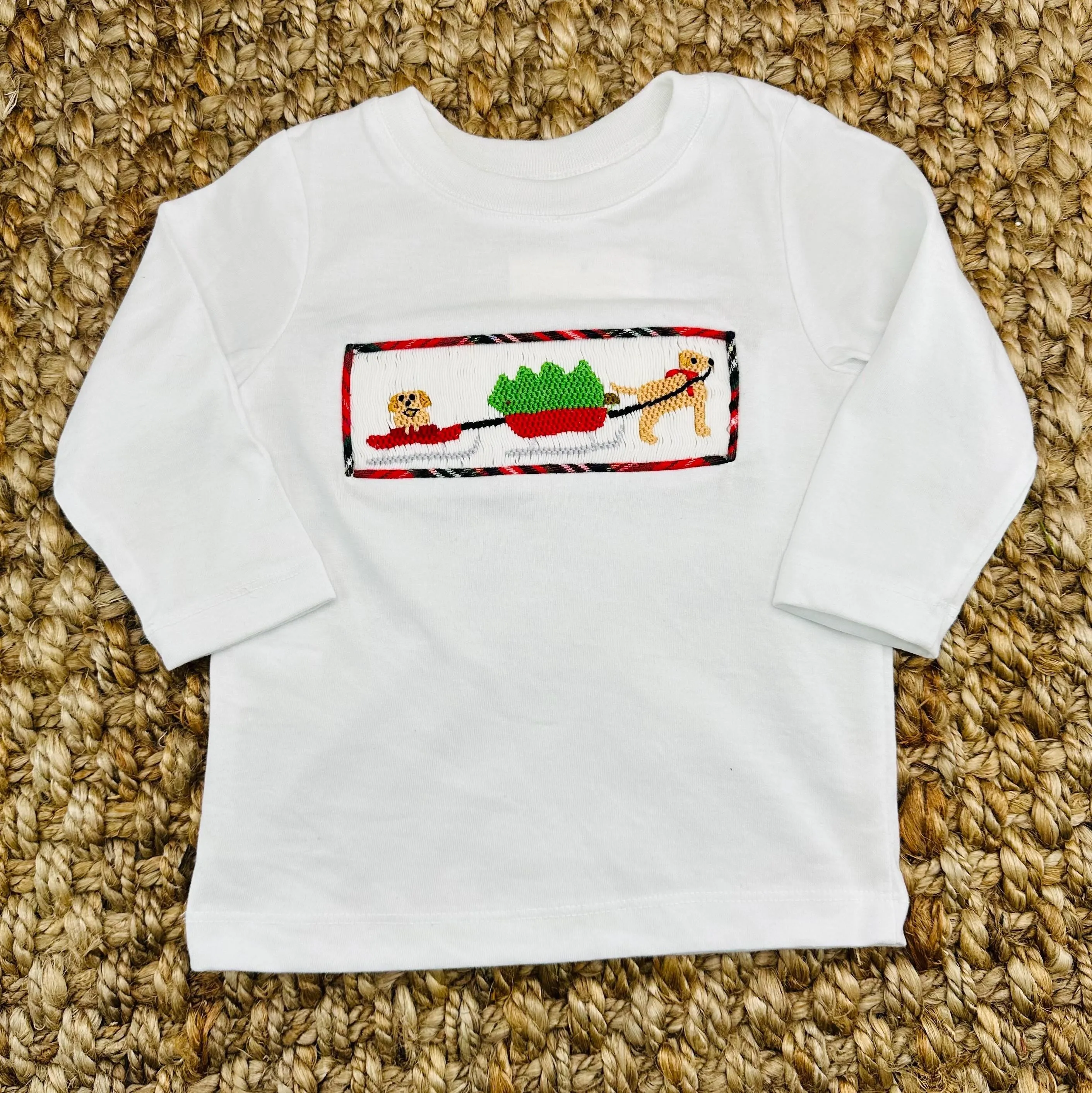 Smocked Christmas Puppy Shirt in White Knit (Pants Sold Separately)