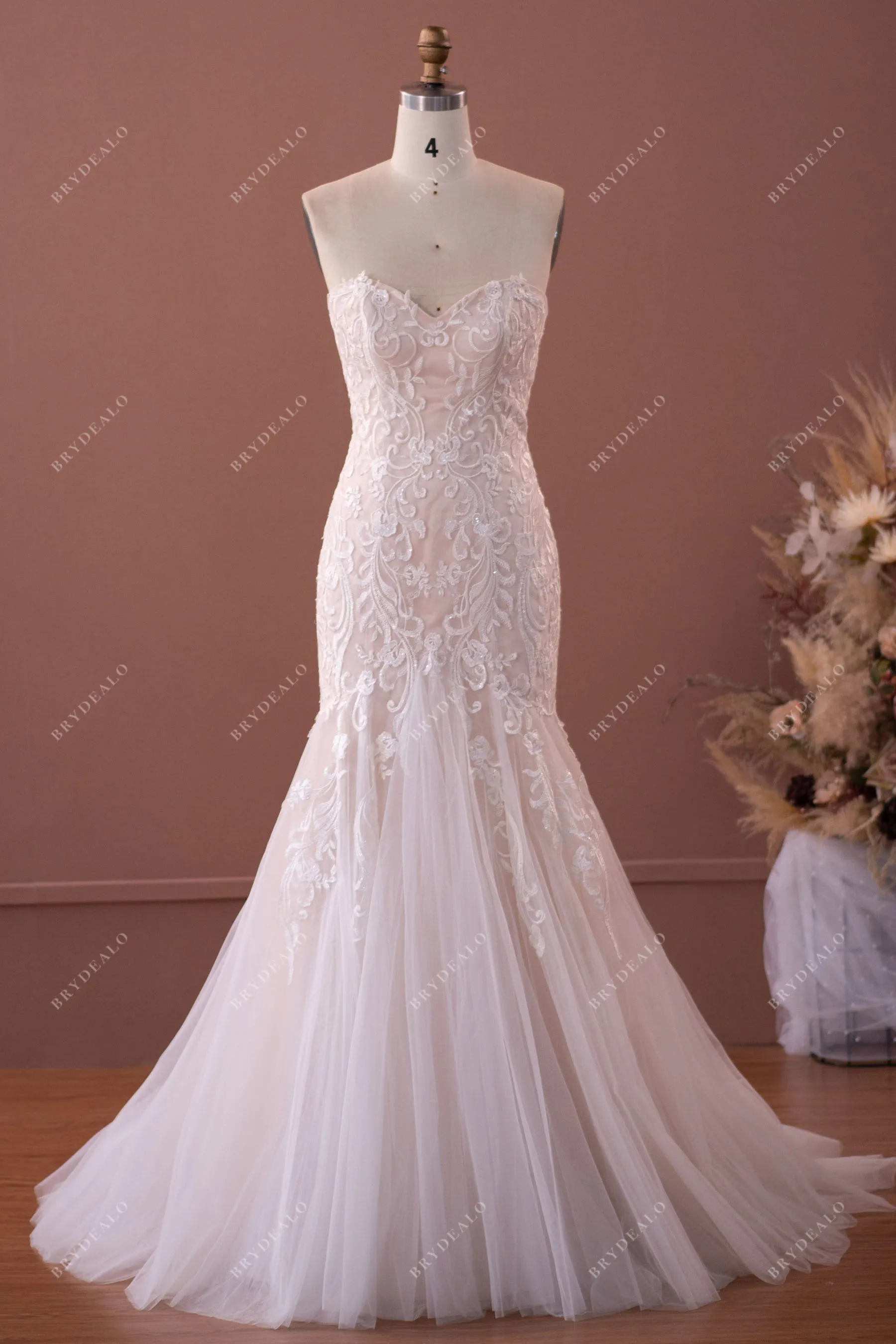 Strapless Sweetheart Lace Tulle Mermaid Nude Destination Wedding Gown