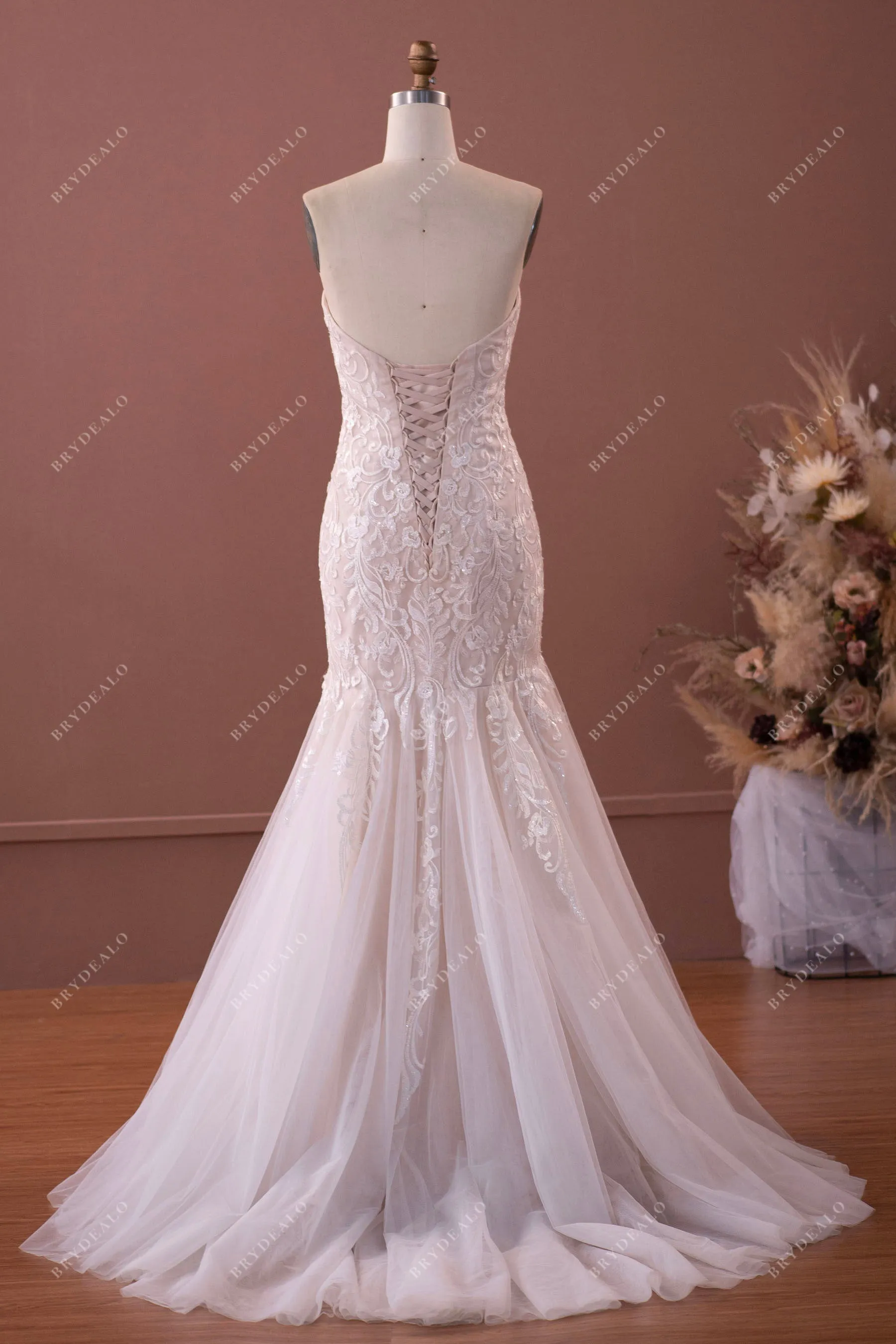 Strapless Sweetheart Lace Tulle Mermaid Nude Destination Wedding Gown